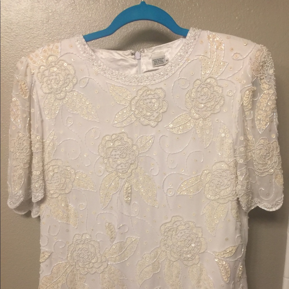Vintage white embroidered beaded formal blouse